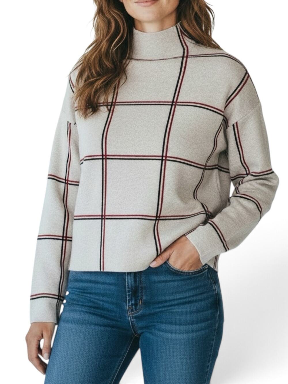 Tahari Beige Mock Neck Vintage Style Plaid Knit Sweater - Women's Size XS